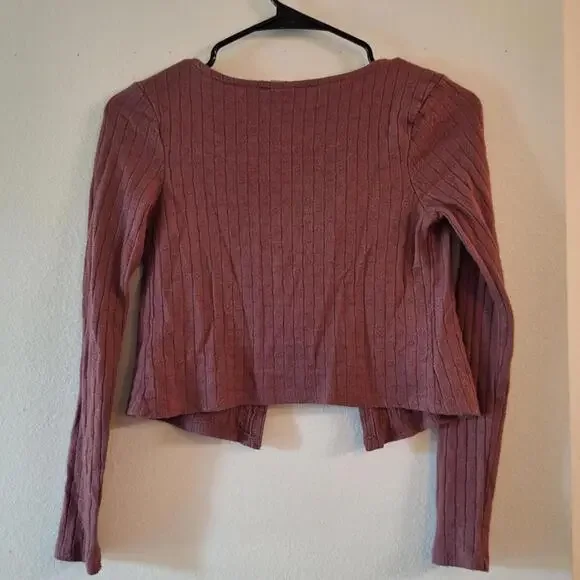 No Boundaries Women's Long Sleeve Ribbed Tie Front Top - Picture 4 of 4